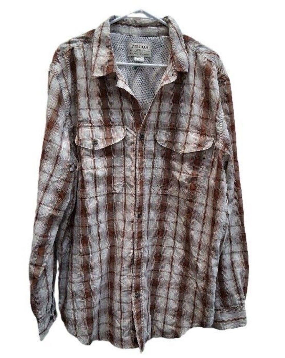 Filson Shirt Mens XL Brown Gray Plaid Vented Mesh Lined Fishing Hiking Button Up